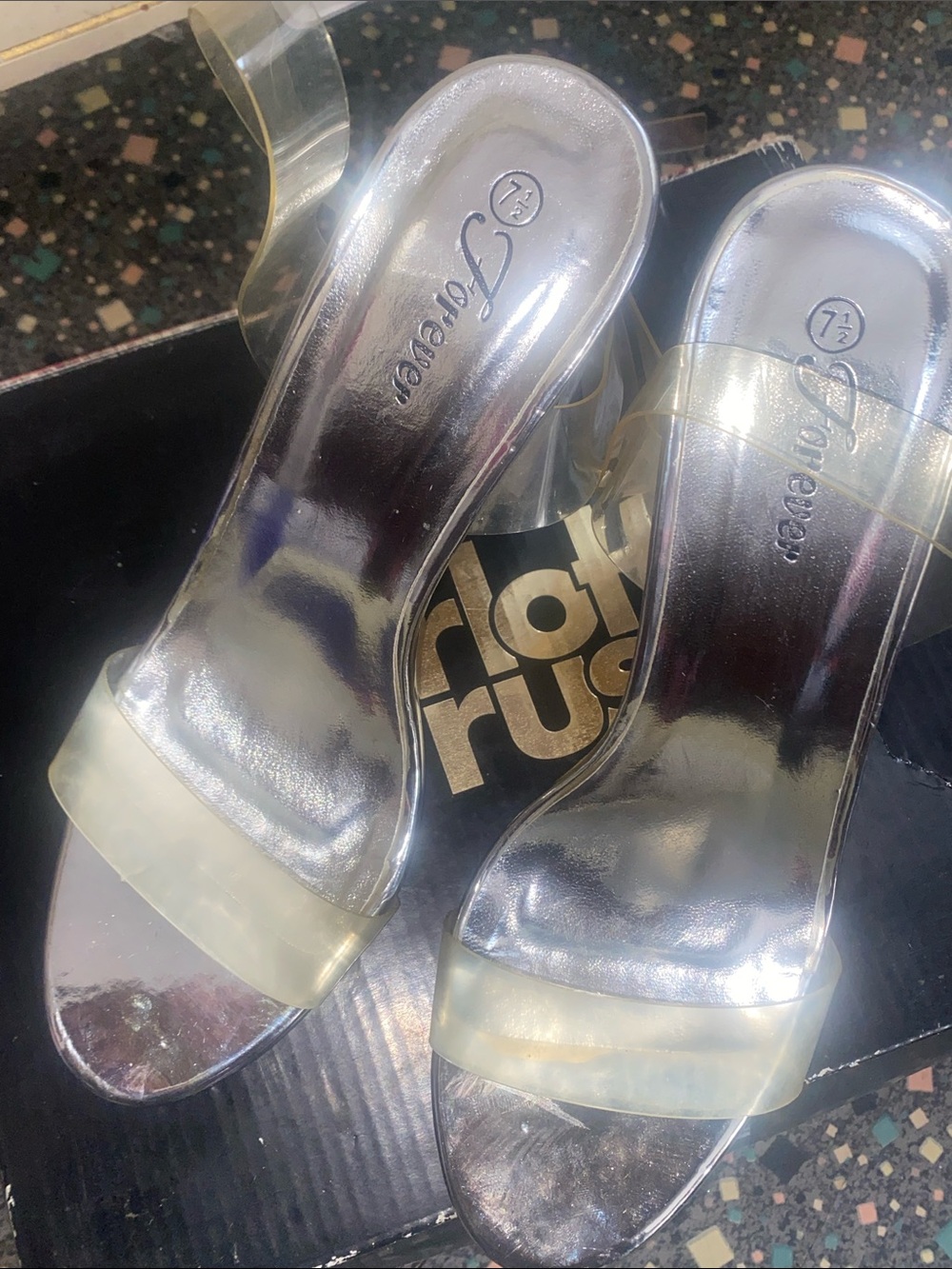 Forever 21 Silver Metallic Slide Heels with Clear Straps